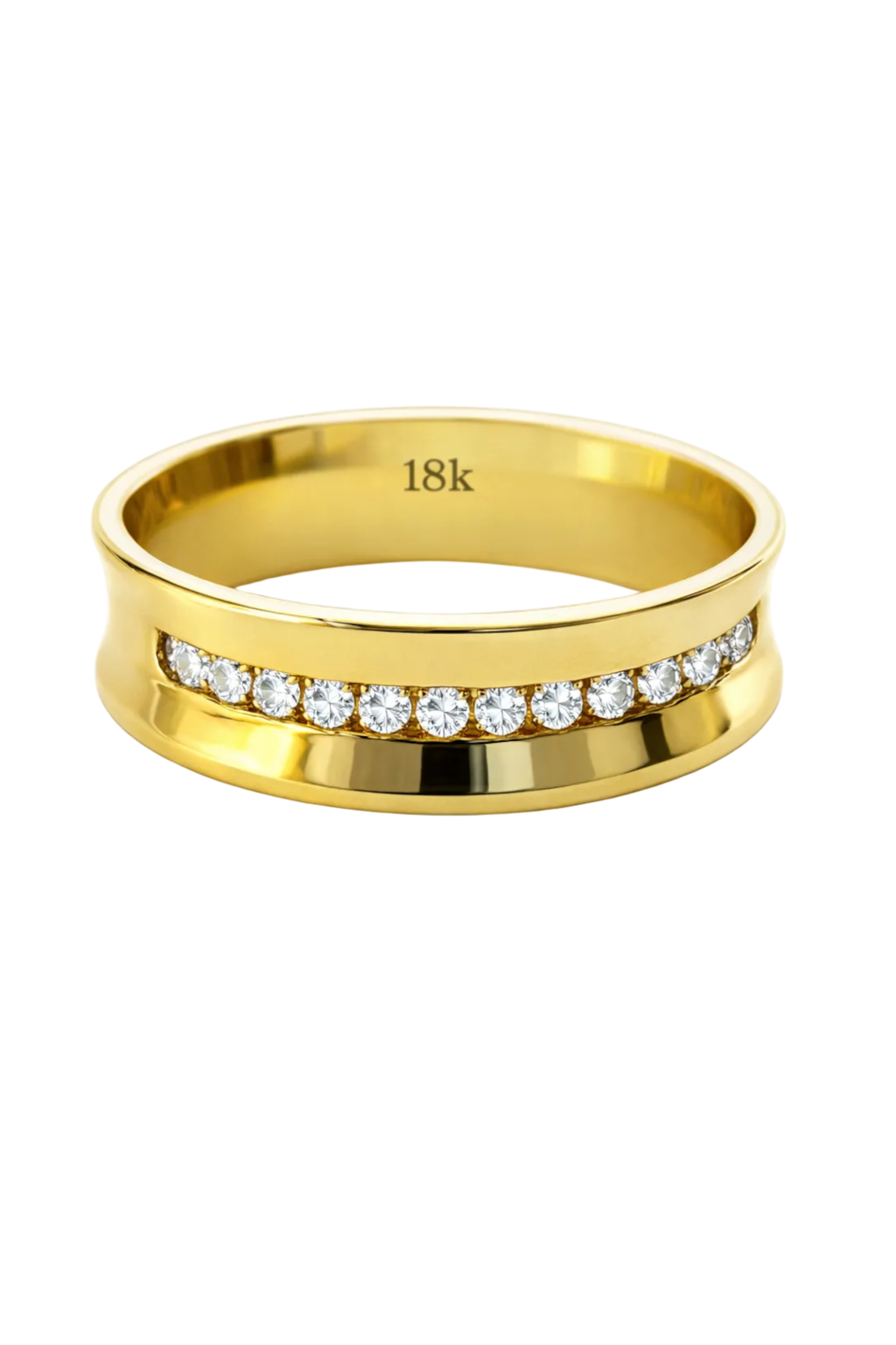 18K Gold Concave Polished Wedding Band with Diamond Line -  6mm