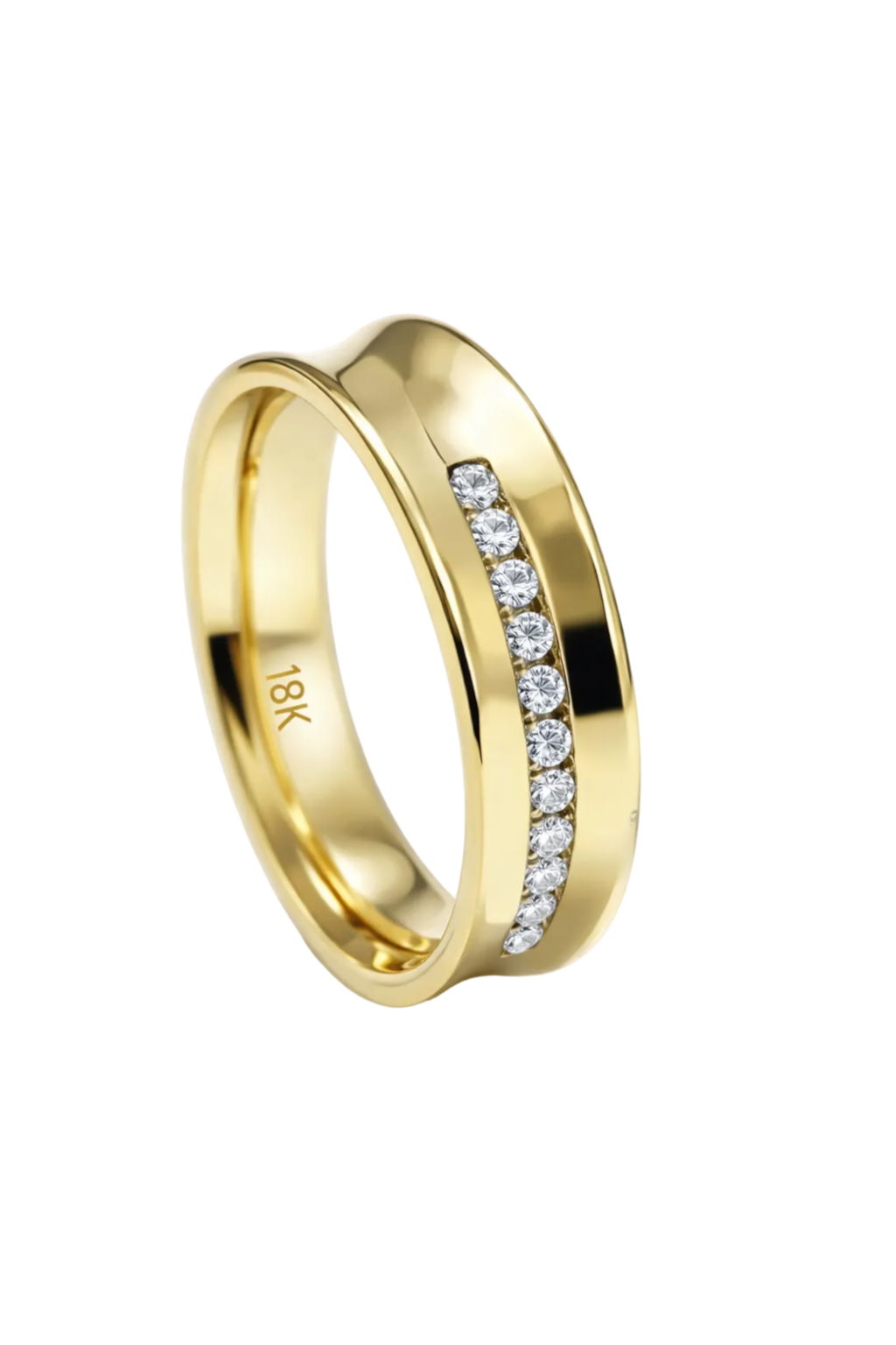 18K Gold Concave Polished Wedding Band with Diamond Line -  6mm