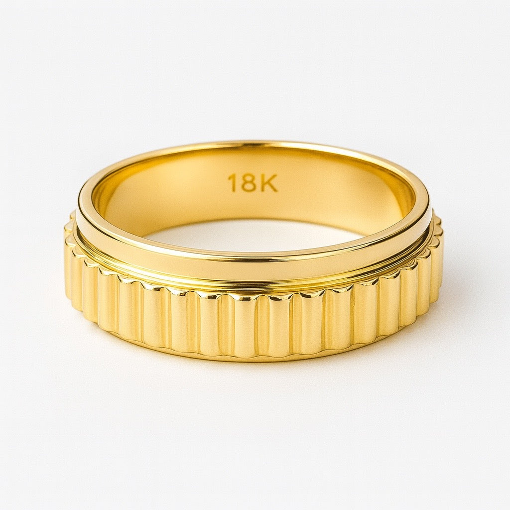 Lewwis - Bold Gold Ribbed Wedding Band - 4.5mm