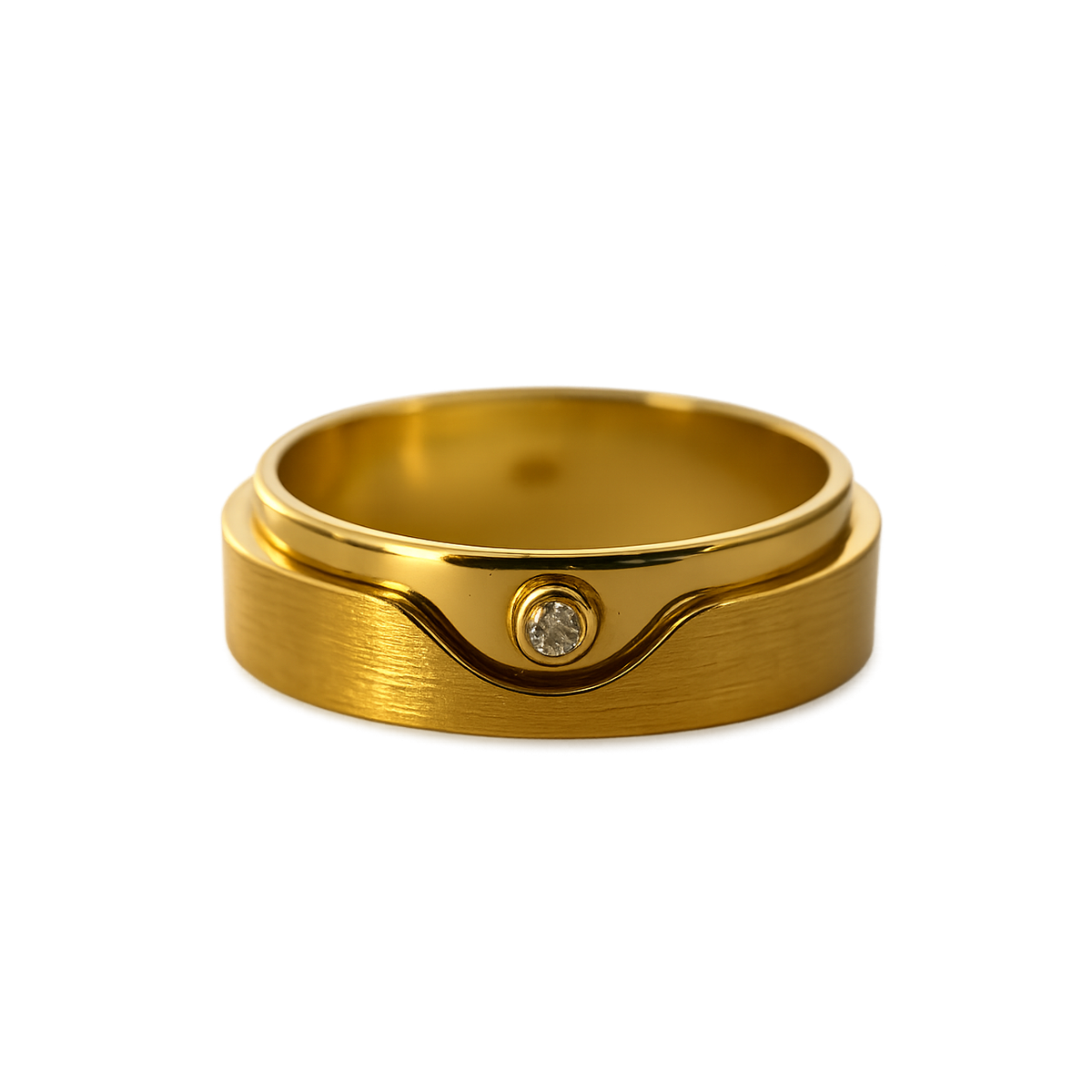 Brushed  Polished Gold Wedding Band with Diamond -6mm