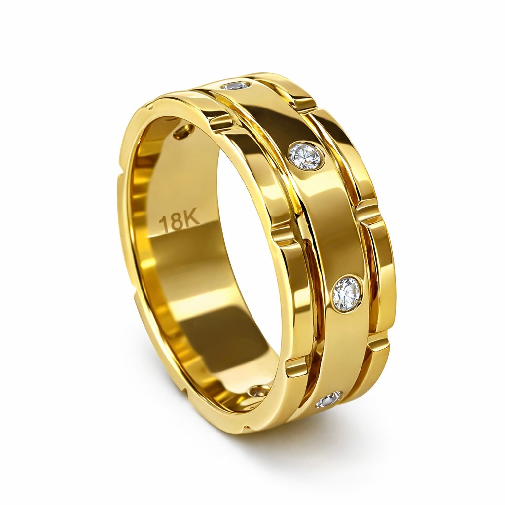 Gold Wedding Band with Bezel Diamond Accents-7mm