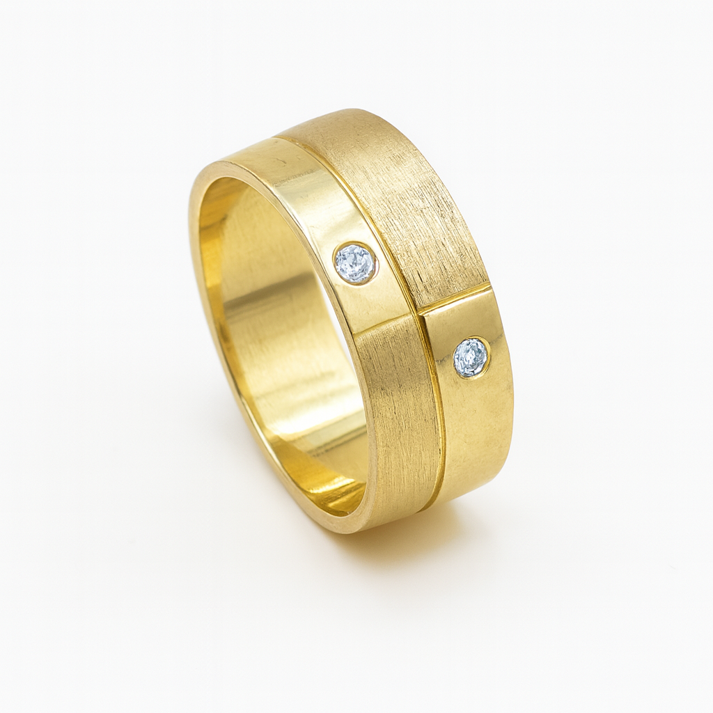 18k Gold Wedding Band with Dual Diamond Accent-Polished 7.5mm