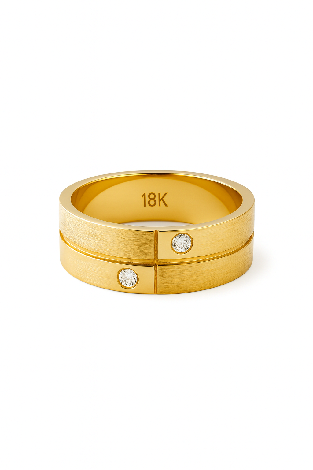 Brushed Gold Wedding Band with Dual Diamonds