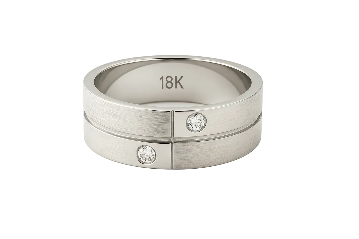Gold ring with diamonds and '18K' marking on a white background