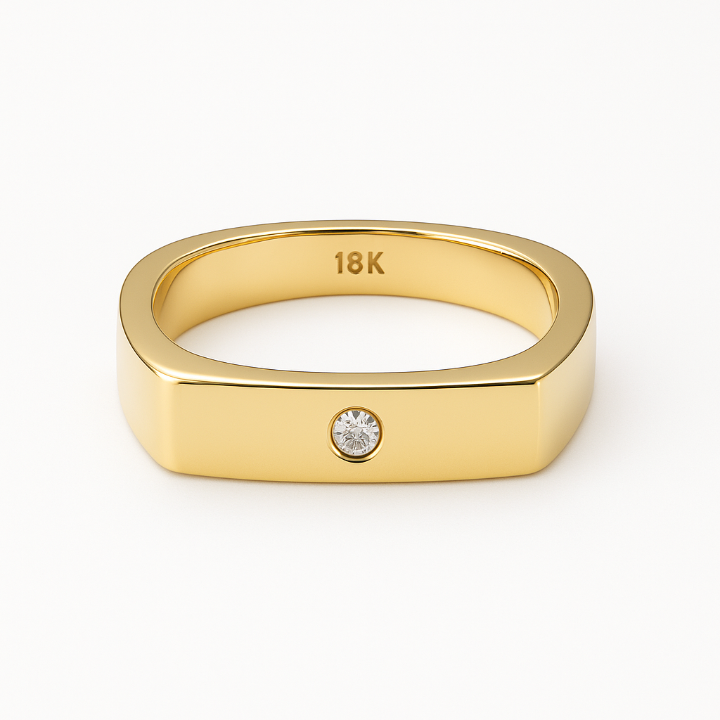 18K Flat Band Wedding Band with Central Diamond Accent