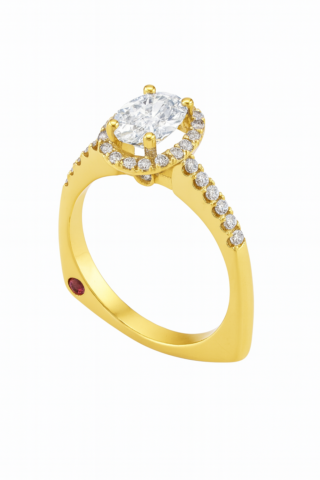 Oval Cut Diamond Engagement Ring - Halo, Side Diamonds, Hidden Ruby