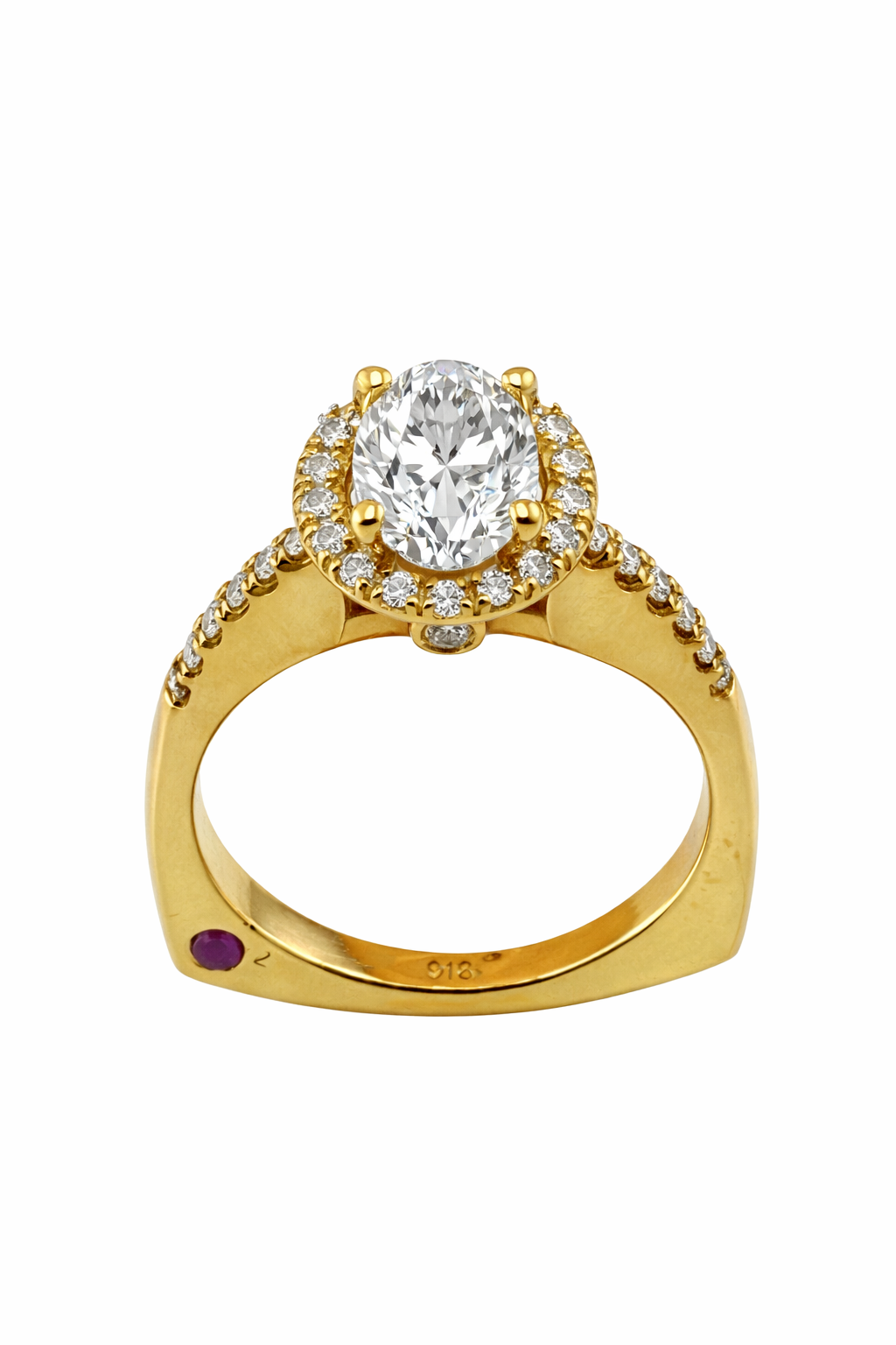 Oval Cut Diamond Engagement Ring - Halo, Side Diamonds, Hidden Ruby