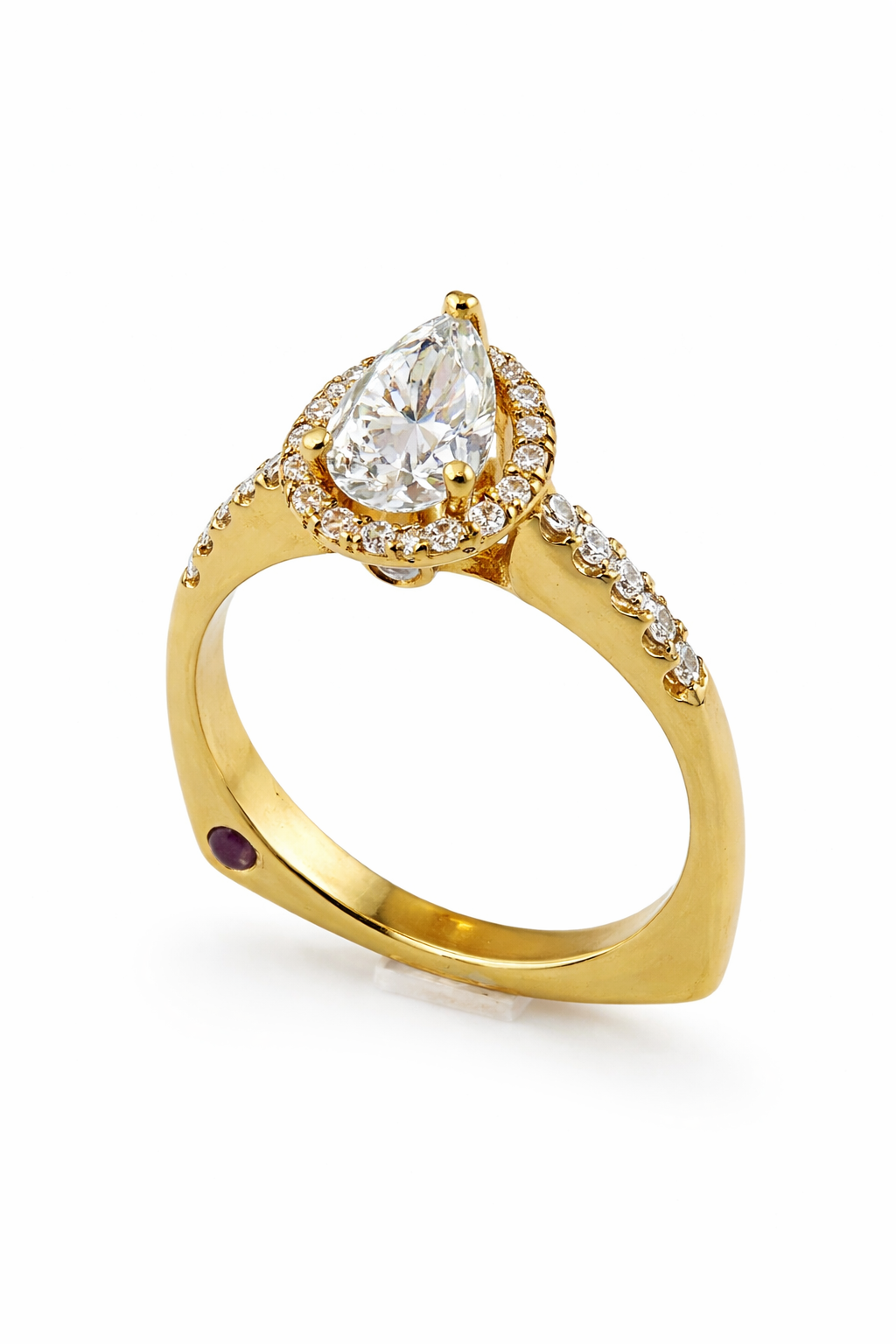 Pear Shape Diamond Engagement Ring - Halo & Hidden Ruby