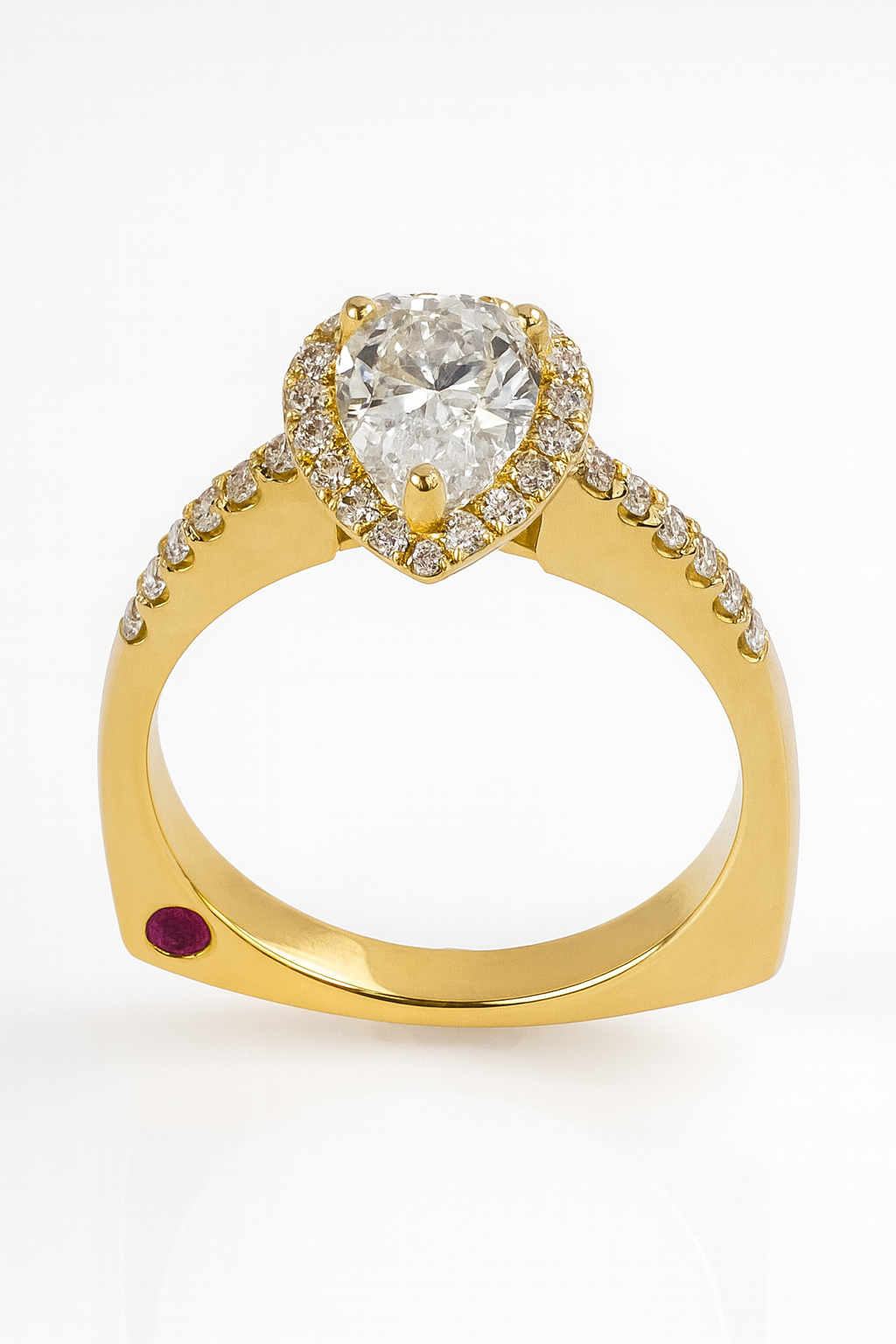 Pear Shape Diamond Engagement Ring - Halo & Hidden Ruby