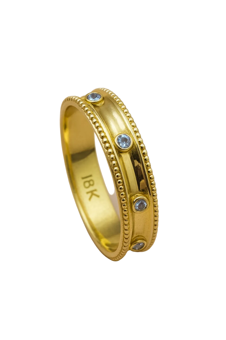 18K Gold Diamond Accent Wedding Ring Band with Milgrain Edges - 5mm