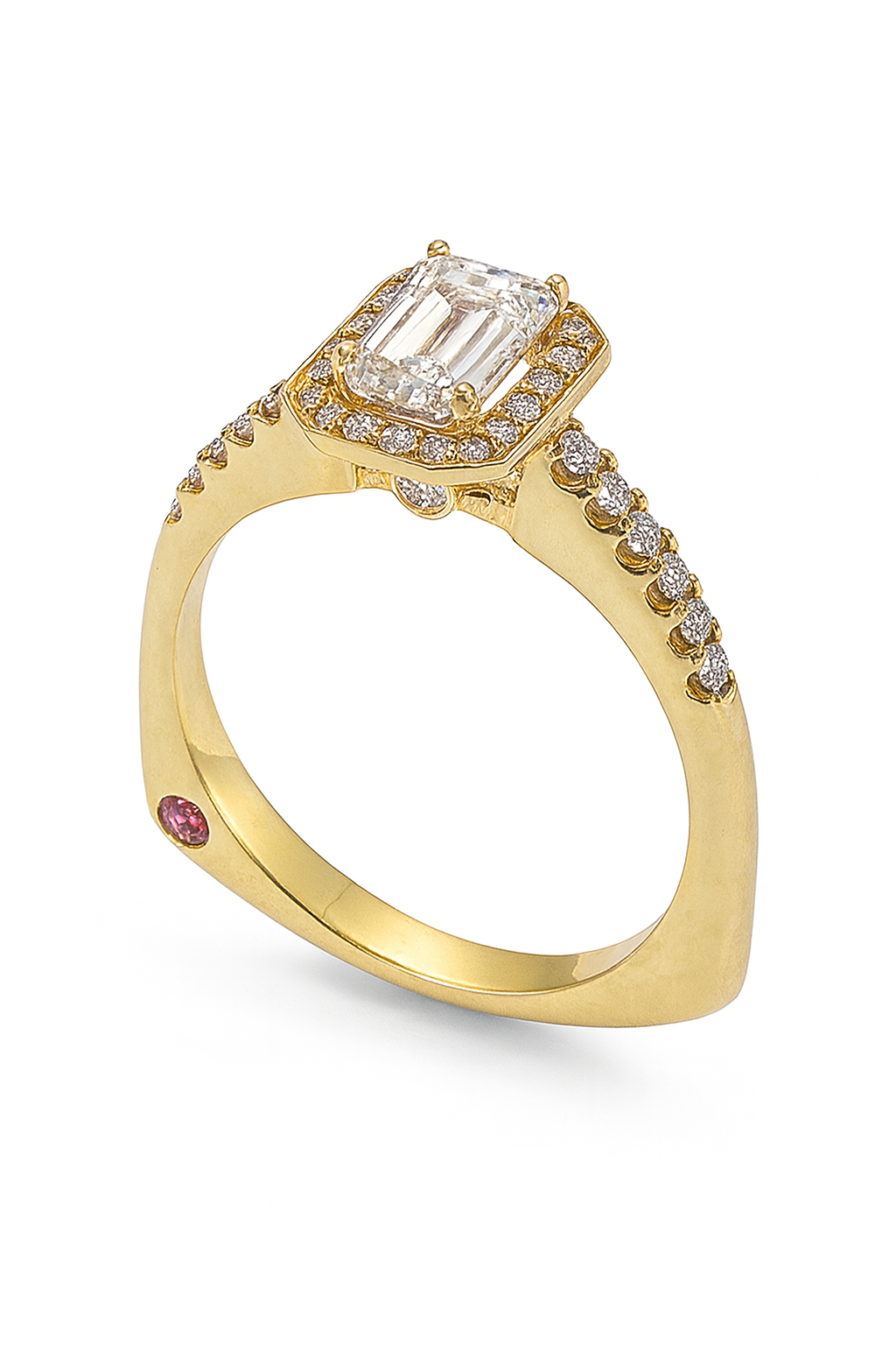 Emerald Cut Diamond Engagement Ring - Halo, Side Diamonds & Hidden Ruby