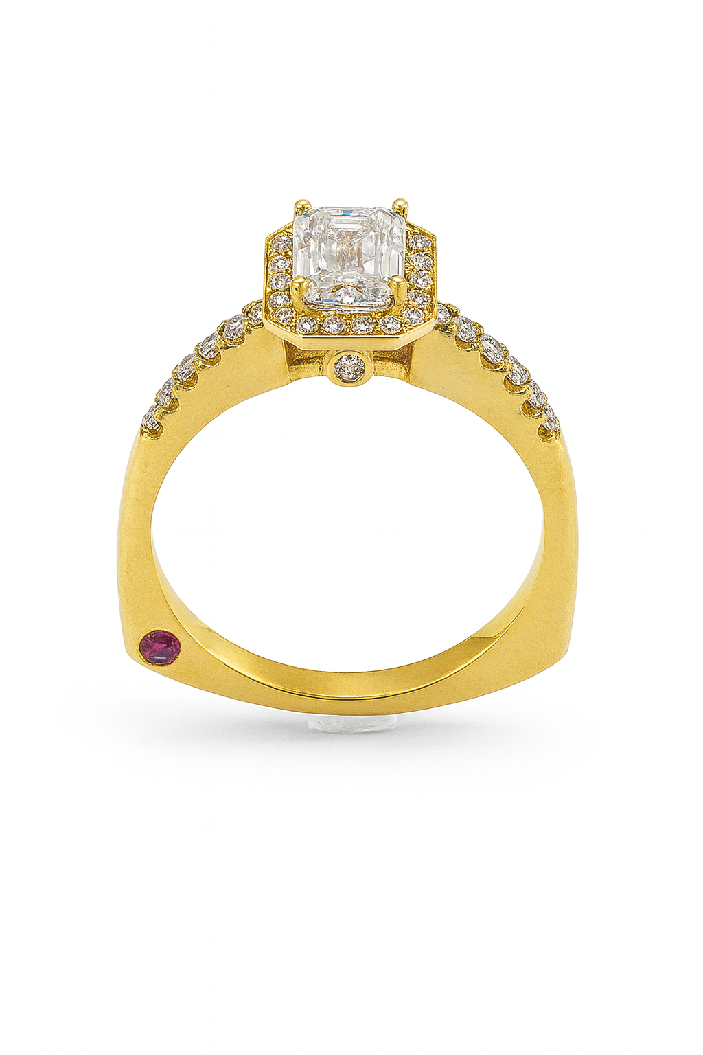 Emerald Cut Diamond Engagement Ring - Halo, Side Diamonds & Hidden Ruby