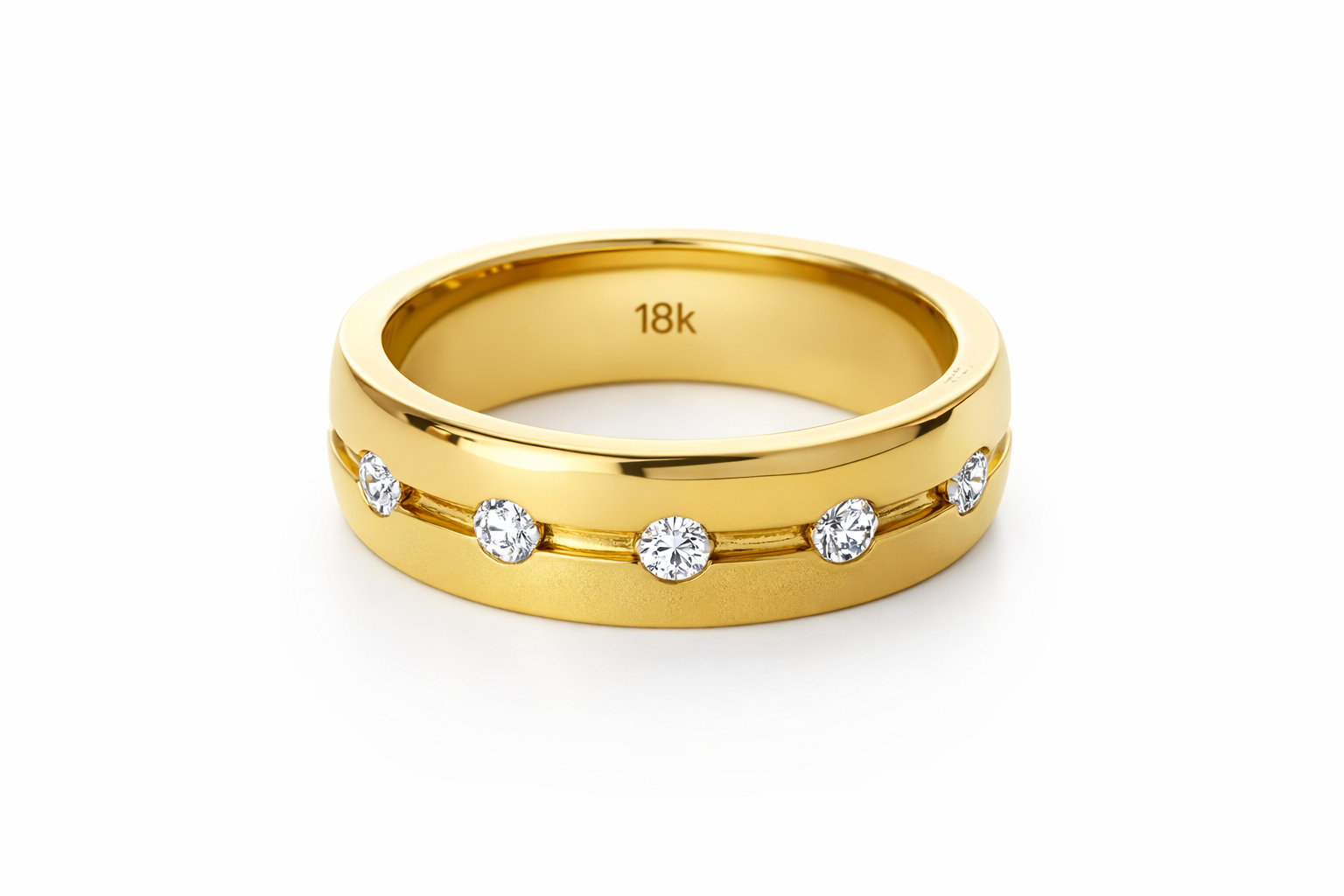 Handcrafted 14K/18K gold wedding band features polished, rounded edges, in the center, a sulked line houses a series of sparkling diamonds.