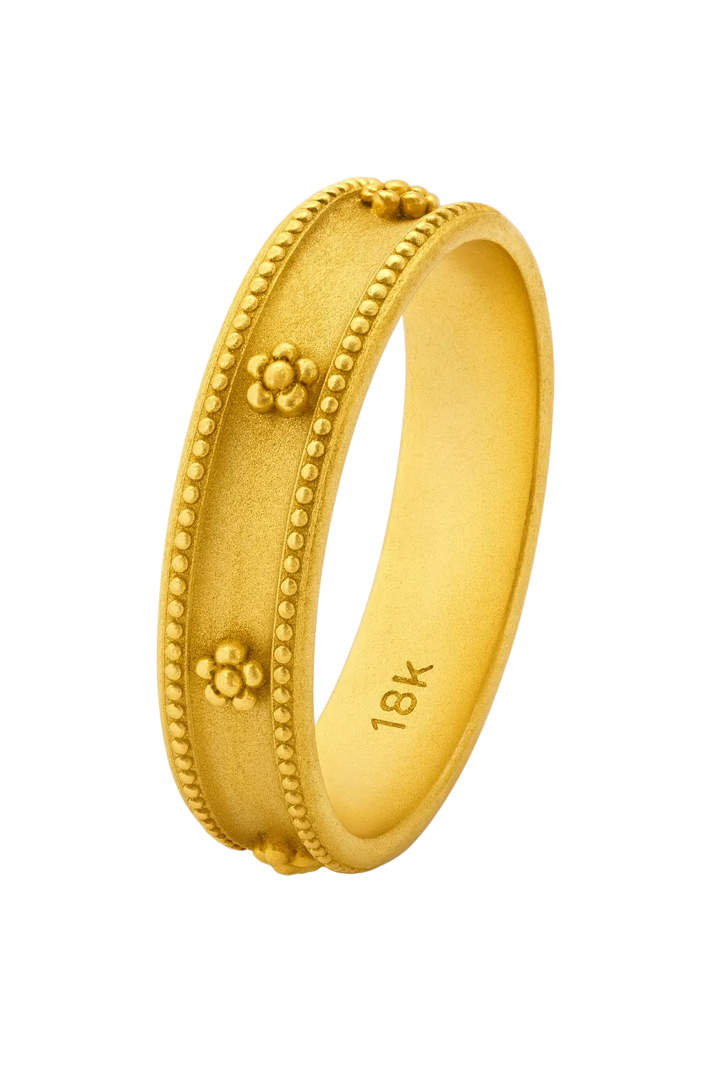 Gold ring with floral designs and '18k' marking