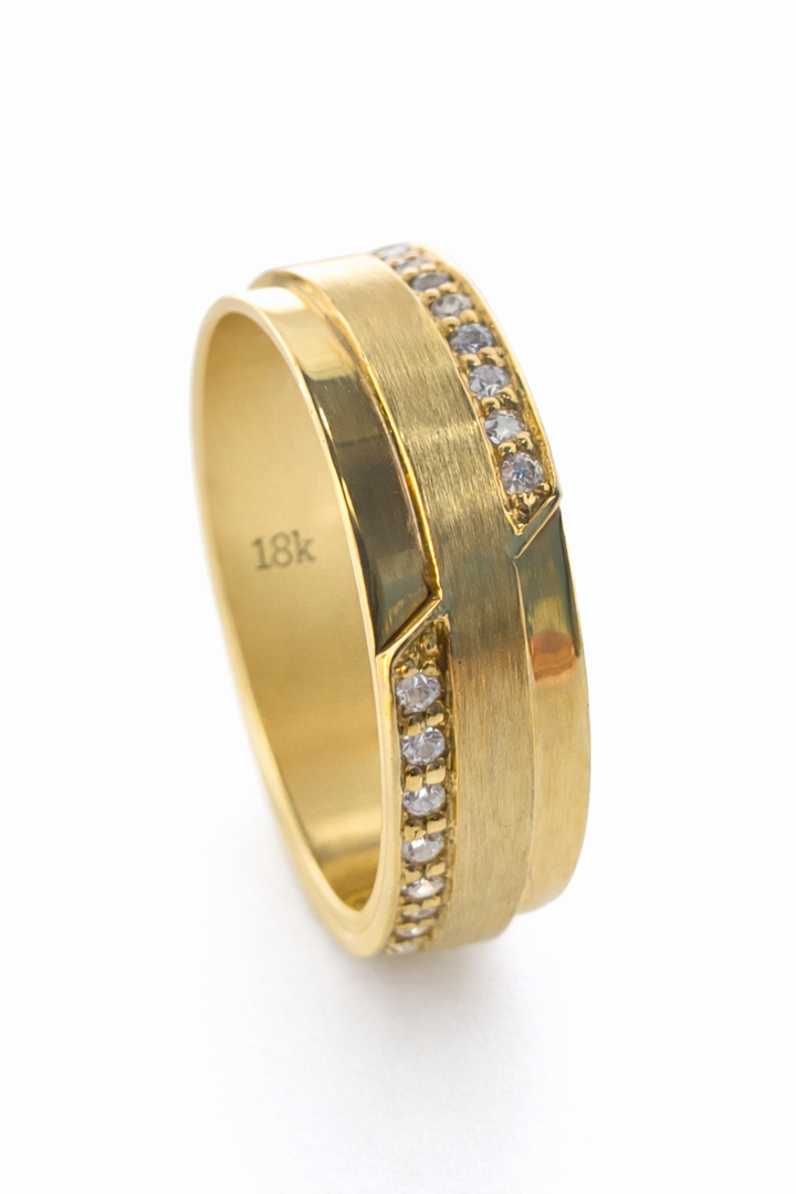 Miah Brushed Wedding Band with Polished Diamond-Accented Lines - 6.5mm