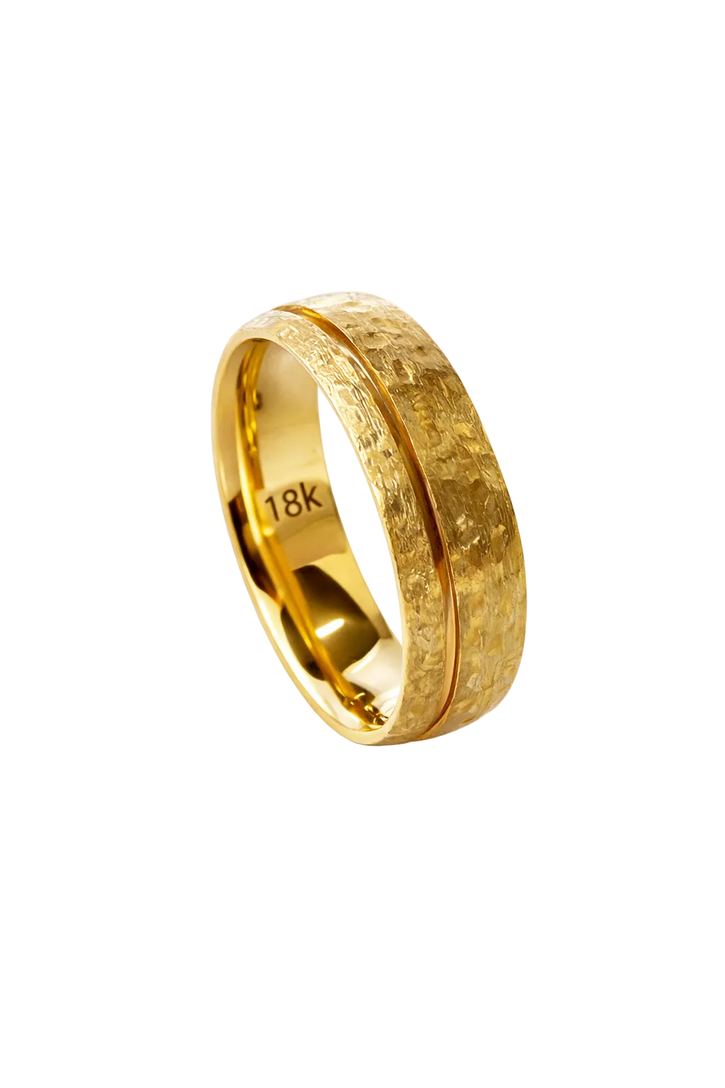 Gold ring with '18k' marking on a white background