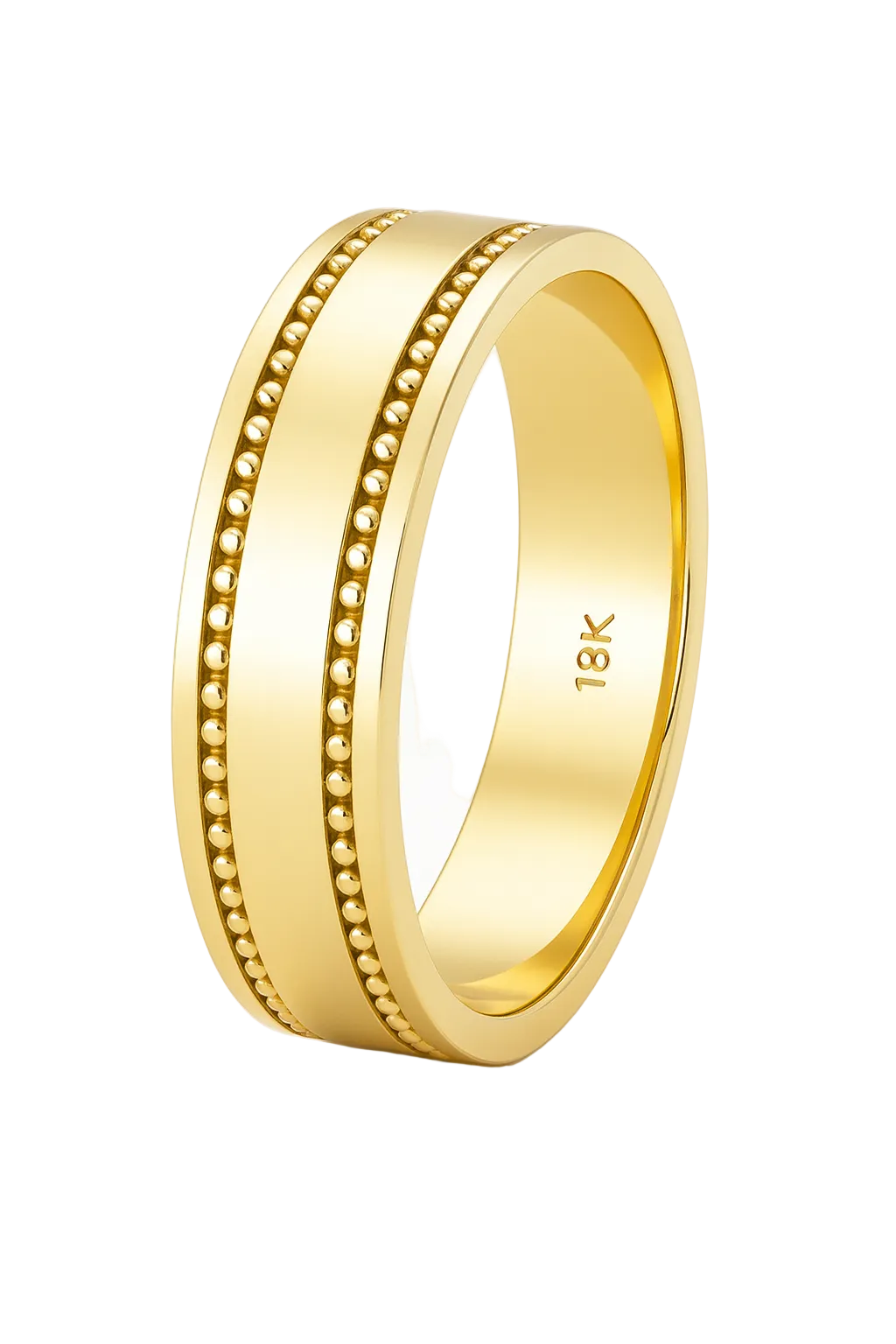 Gold ring with '18K' marking on a white background