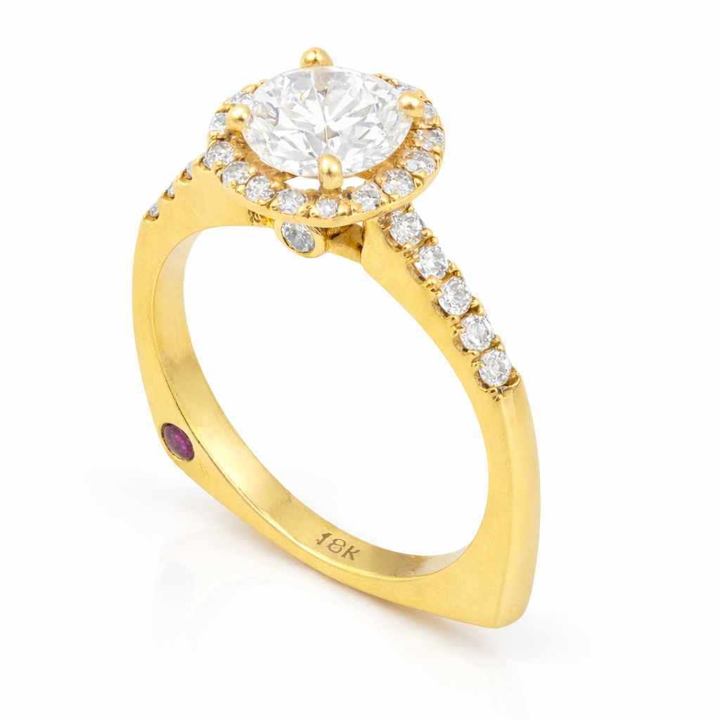 Round Cut Diamond Engagement Ring with Halo and Hidden Ruby