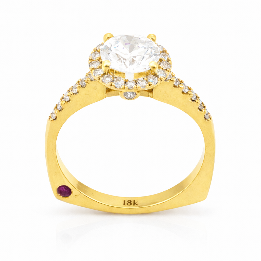 Round Cut Diamond Engagement Ring with Halo and Hidden Ruby