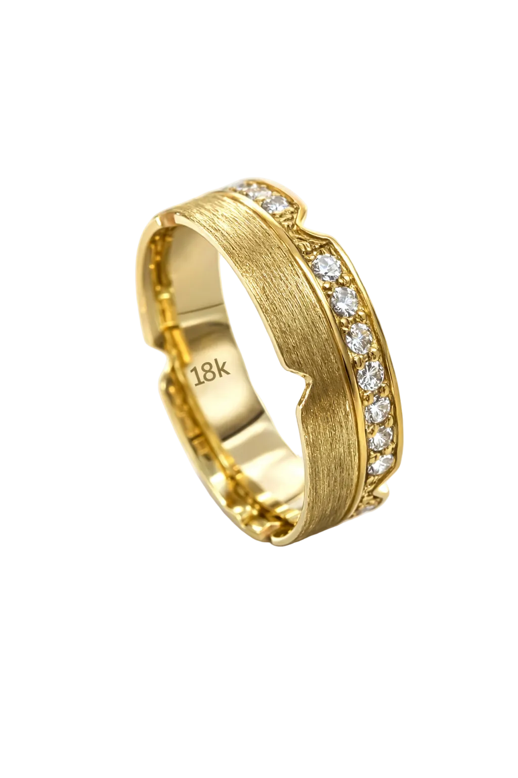 18K Textured Gold Wedding Band with Diamond Edge