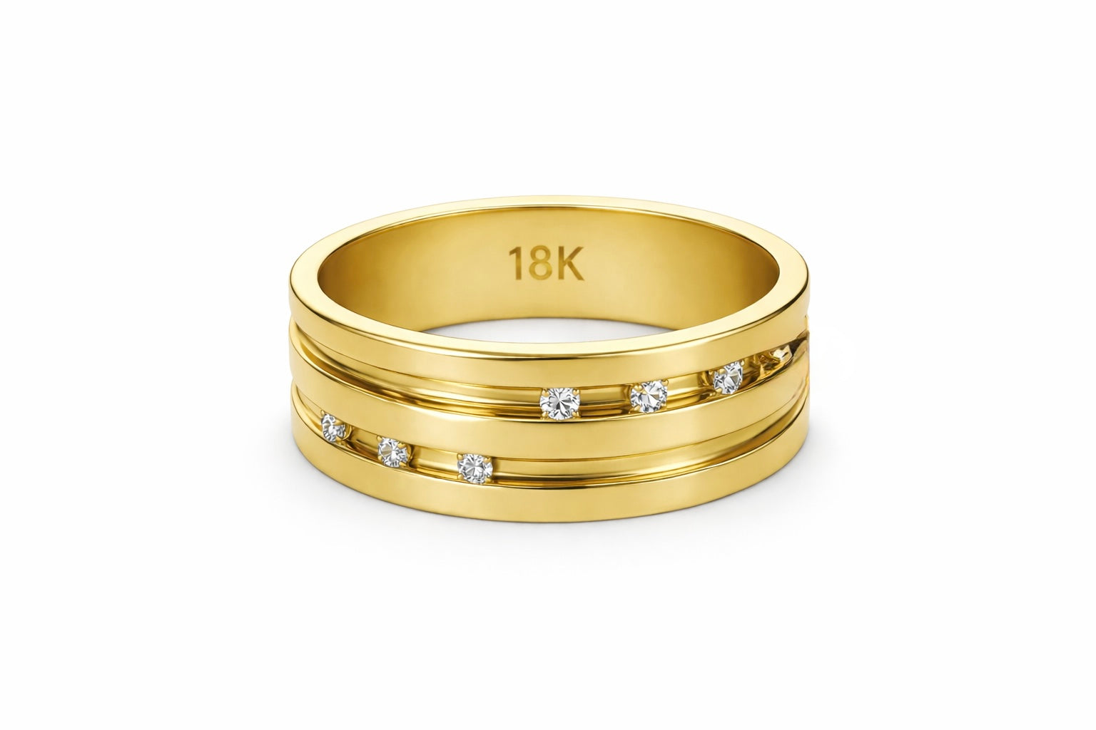 18K Gold  Wedding Band with Diamond Accent Stones - 7mm