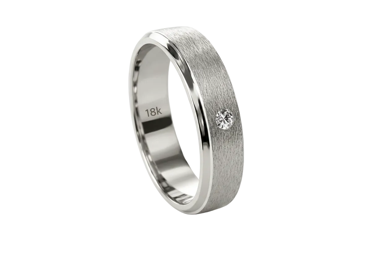 18K Gold Textured Wedding Band with Single Diamond Accent
