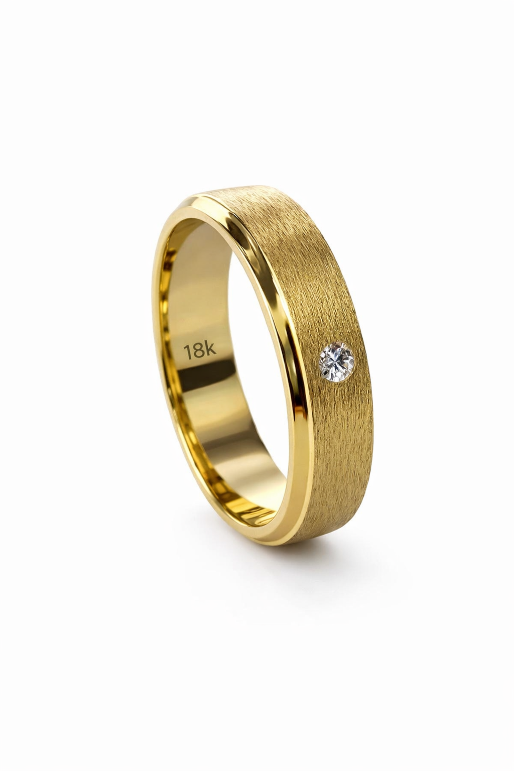 18K Gold Textured Wedding Band with Single Diamond Accent