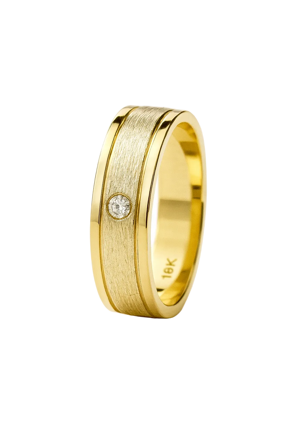 18K Gold Wedding Band with Diamond Accent - Brushed  Center