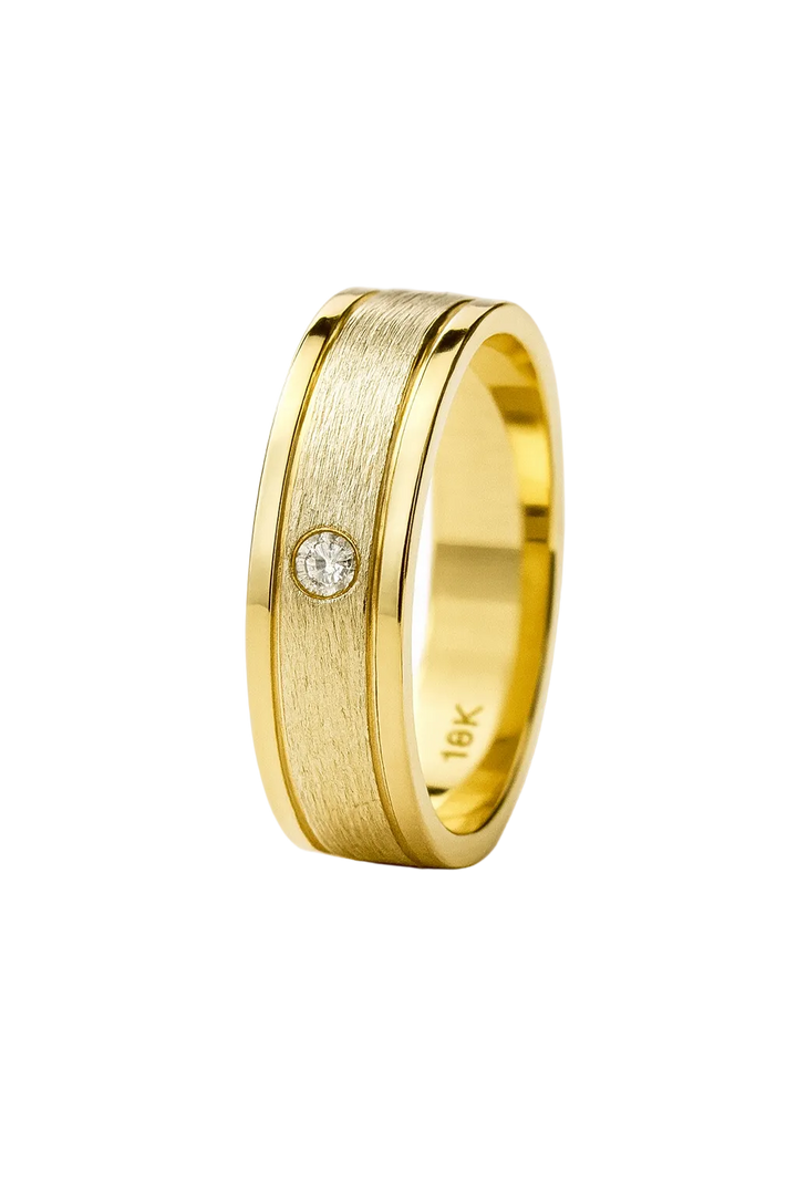 18K Gold Wedding Band with Diamond Accent - Brushed  Center
