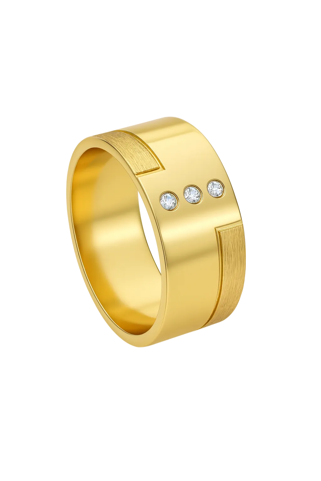18K Gold Wedding Band with Three Diamonds - 9.5 mm